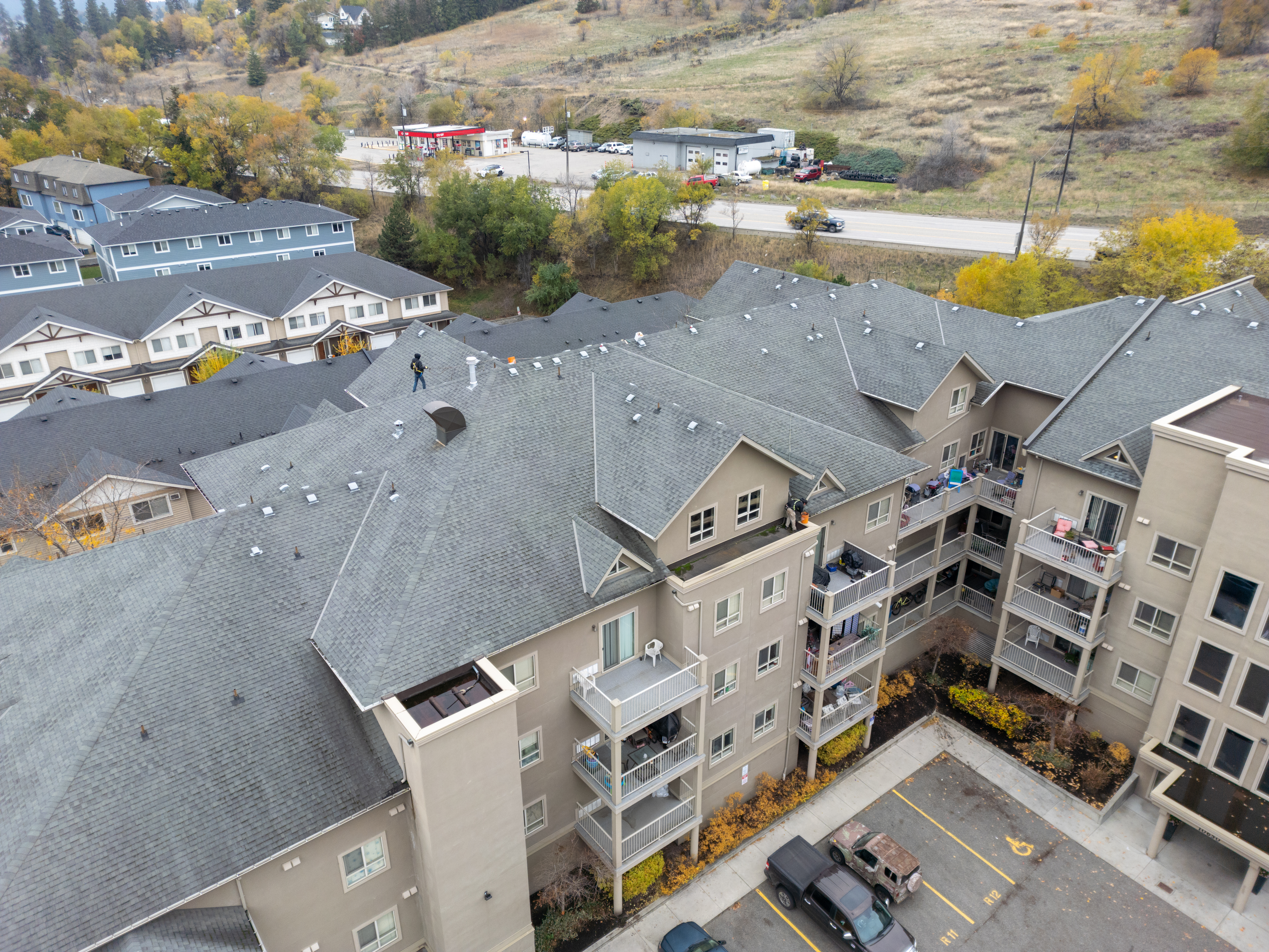 Drone flying over a large commercial building